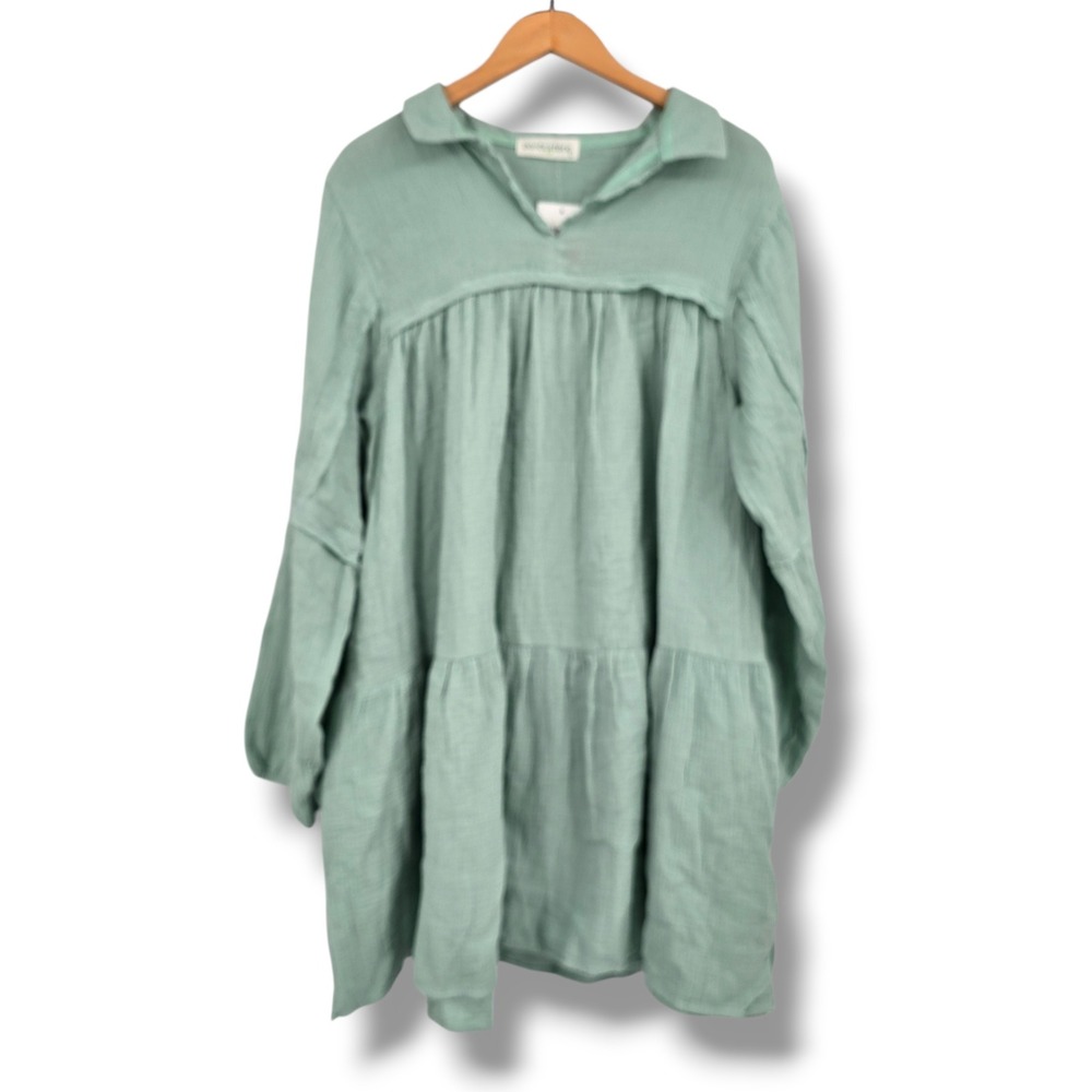 Pants Store Women Sage Green Gauze Tiered Babydoll Dress Long Sleeve Large NEW